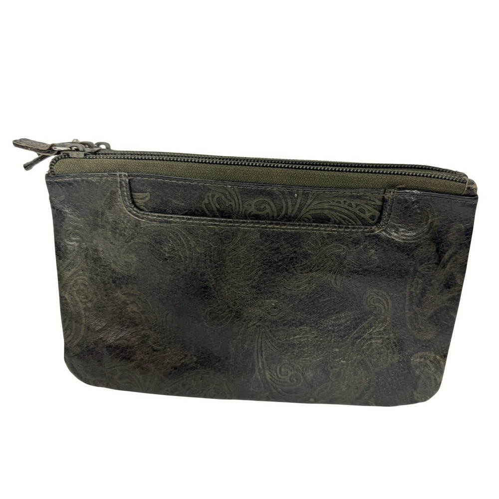 Genuine Leather Paisley Embossed Triple Zip Clutch Wallet Green Vintage BBB
